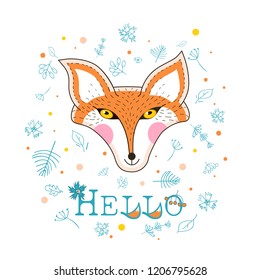 Vector card with cute fox. Postcard with hello text. Funny cartoon animal.