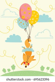 Vector card with cute fox in simple design flying on the balloons. Perfect for kid's greeting card design, t-shirt print, inspiration poster.