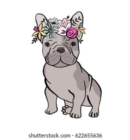 Vector card with cute french bulldog.