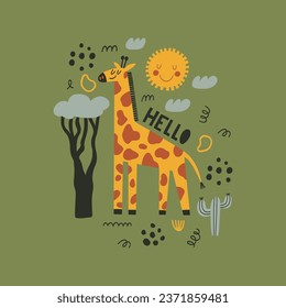 Vector card with cute giraffe. Hand drawn in kid style. The design used for print, wallpaper, fabric, textile Kids vector illustration