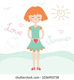 Vector card with cute girl holding heart. Romantic  illustration in cartoon style for school books, print, T-shirt graphic, vintage postcard.