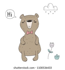 vector card with cute hand drawn bear. vector print.