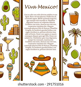 Vector card with cute hand drawn objects on Mexico theme: sombrero, poncho, tequila, coctails, taco, skull, guitar, pyramid, avocado, lemon, chilli pepper, cactus, injun hat, palm. Travel concept