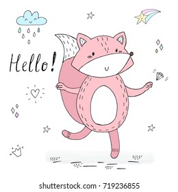 vector card with cute hand drawn Fox. vector print.