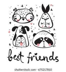 Vector card with cute happy animal faces and funny hand drawn lettering. Perfect for kid's interiors, banners and posters.