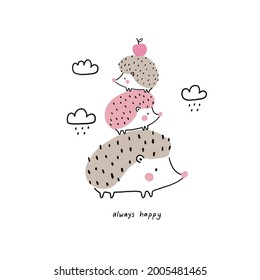 Vector card with cute hedgehog. Flat style print for kids. Mom and baby hedgehog. Mother's Day card. Cute little hedgehog 