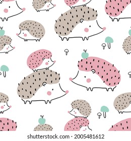 Vector card with cute hedgehog. Flat style print for kids. Mom and baby hedgehog. Mother's Day card. Cute little hedgehog  seamless pattern