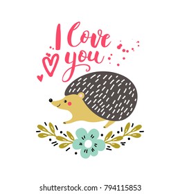 Cartão de vetor com ouriço bonito. Ilustração para impressões infantis, saudações, cartazes, t-shirt, embalagem, convites. Elemento para seu design. Cartão postal com o texto "Eu te amo". Engraçado desenho animado animal.