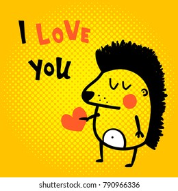 vector card, cute hedgehog, i love you hand lettering text