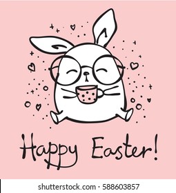 Vector card with cute hipster rabbit and hand drawn text - Happy Easter