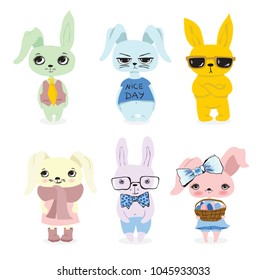 Vector card with cute hipster rabbits and hand drawn text - Happy Easter