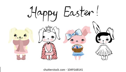 Vector card with cute hipster rabbits and hand drawn text - Happy Easter