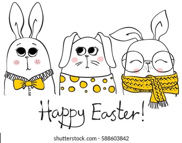 Vector card with cute hipster rabbits and hand drawn text - Happy Easter