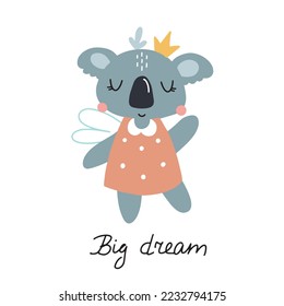 Vector card with cute koala. Little Princess. Perfect for birthday, kids parties, dot prints, greeting cards