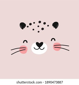 Tarjeta vectorial con un bonito leopardo. Impresión de estilo plano para niños