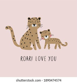 Tarjeta vectorial con un bonito leopardo. Impresión de estilo plano para los niños. Mamá y el leopardo bebé. Tarjeta del Día de la Madre