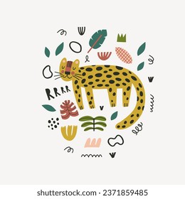 Vector card with cute leopard. Hand drawn in kid style. The design used for print, wallpaper, fabric, textile Kids vector illustration