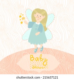 Vector card with cute little fairy and text "Baby shower". Magic background with cartoon character and hand written text. Invitation template.