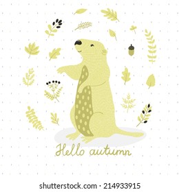 Vector card with cute marmot and autumn floral elements: leaves, branches, berries and acorns. Natural hand drawing background with animals in the forest. Retro forest background.