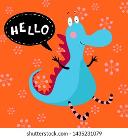 Vector card with cute monster. Illustration for children's prints, greetings, posters, t-shirt, packaging, invites. Cute animal. Element for your design. Postcard with hello text.