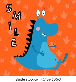 Vector card with cute monster. Illustration for children's prints, greetings, posters, t-shirt, packaging, invites. Cute animal. Element for your design. Postcard with smile text.
