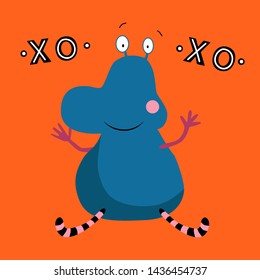 Vector card with cute monster. Illustration for children's prints, greetings, posters, t-shirt, packaging, invites. Cute animal. Element for your design. Postcard with xoxo text. Funny cartoon animal.