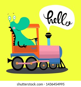 Vector card with cute monster. Illustration for children's prints, greetings, posters, t-shirt, packaging, invites. Cute animal. Element for your design. Postcard with hello text.