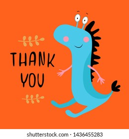 Vector card with cute monster. Illustration for children's prints, greetings, posters, t-shirt, packaging, invites. Cute animal. Element for your design. Postcard with thank you text. 