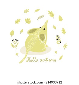 Vector card with cute mouse and autumn floral elements: leaves, branches and berries. Natural hand drawing background with animals in the forest. Retro background.