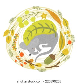 Vector card with cute mouse and autumn wreath from floral elements: leaves, branches, berries, flowers and acorns. Natural hand drawing background. Retro forest backdrop with cartoon character.