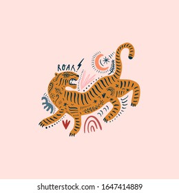 Vector card with cute ornate boho asian style tiger. Beautiful animal print design. Fashionable stylish poster or postcard