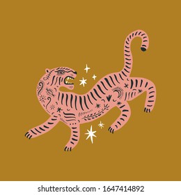 Vector card with cute ornate boho asian style tiger. Beautiful animal print design. Fashionable stylish poster or postcard