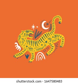 Vector card with cute ornate boho asian style tiger. Beautiful animal print design. Fashionable stylish poster or postcard