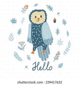 Vector card with cute owl and floral elements: leaves, branches and berries. Natural hand drawing background with bird in the forest. Retro background.