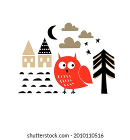Tarjeta vectorial con búho lindo. Ilustración para huellas de niños, saludos, afiches, camisetas, empaque, invitaciones. Diseño plano de estilo escandinavo. Caricatura divertida búho.