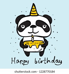 Vector card with cute panda and funny quotes Happy Birthday, for kid's interiors, banners and posters.