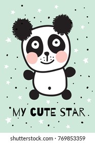 vector card with a cute panda on blue background