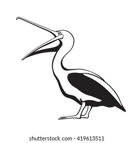 Vector card with cute pelican with its mouth wide open. Sweet pelican character, beautiful design elements.