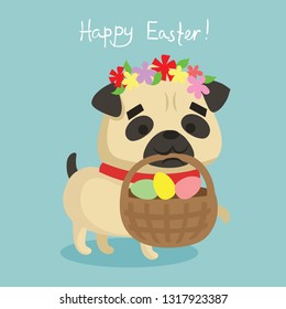 Vector card with cute pug puppy dog with Easter eggs, spring flowers and hand drawn text - Happy Easter in the flat style 
