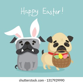 Vector card with cute pug puppy dogs with rabbit ears, easter eggs and hand drawn text - Happy Easter in the flat style