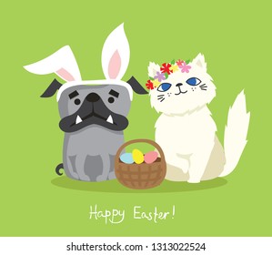Vector card with cute puppy dog and cat with rabbit ears, spring flower, egg and hand drawn text - Happy Easter in the flat style 