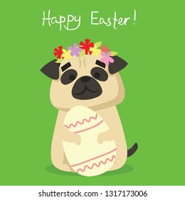 Vector card with cute puppy dog with egg and hand drawn text - Happy Easter in the flat style