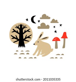 Vector card with cute rabbit, tree and mushrooms. Illustration for children's prints, greetings, posters, t-shirt, packaging, invites. Scandinavian style flat design. Funny cartoon animal.
