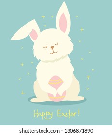 Vector card with cute  rabbits and hand drawn text - Happy Easter in the flat style