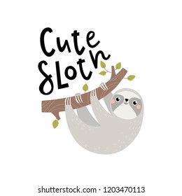 Vector card with cute sloth and text cute sloth.