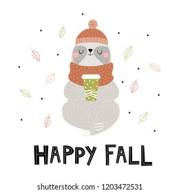 Vector card with cute sloth and text happy fall.
