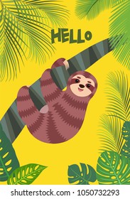Vector card with cute sloth and tropical leaves.