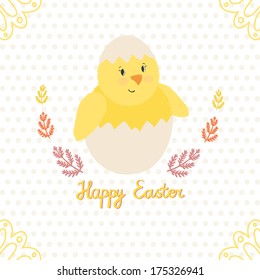 Vector card with cute smiling chicken, floral elements and hand written text "Happy easter"