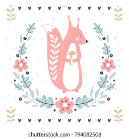 Vector card with cute squirrel and wreath. Illustration for children's prints, greetings, posters, t-shirt, packaging, invites. Element for your design. Funny cartoon animal.