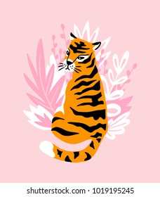 Vector card with cute tiger on the pink background and tropical leaves. Beautiful animal print design for t-shirt.  Fashionable poster for home decor.